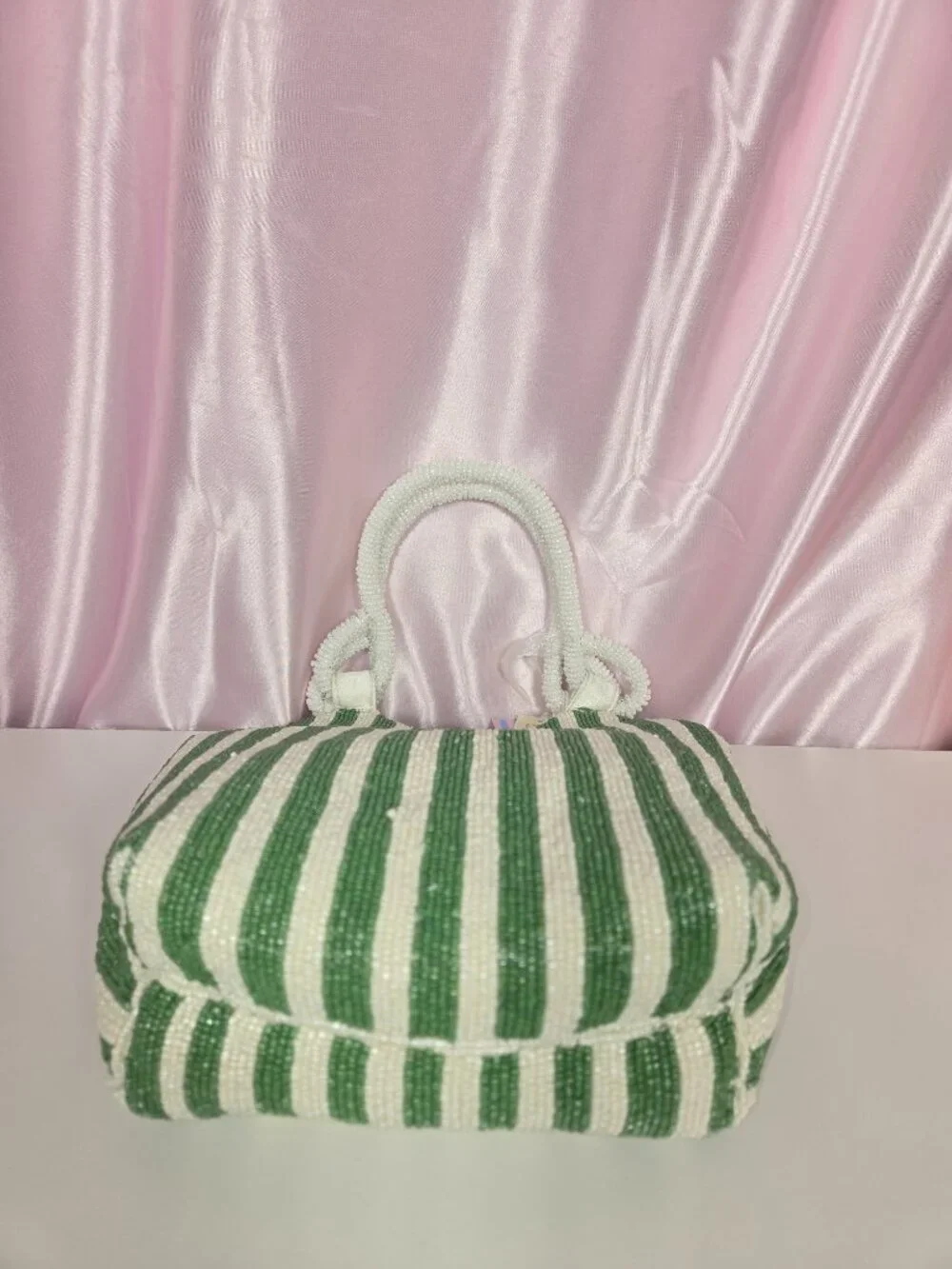 Martini Beaded Top Handle Bag | Green & White Striped | Handcrafted in India | N